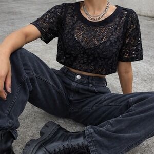 Love Culture Size‎ S/M Boxy Floral Mesh Cropped Top Fairy Grunge Black Cute Goth